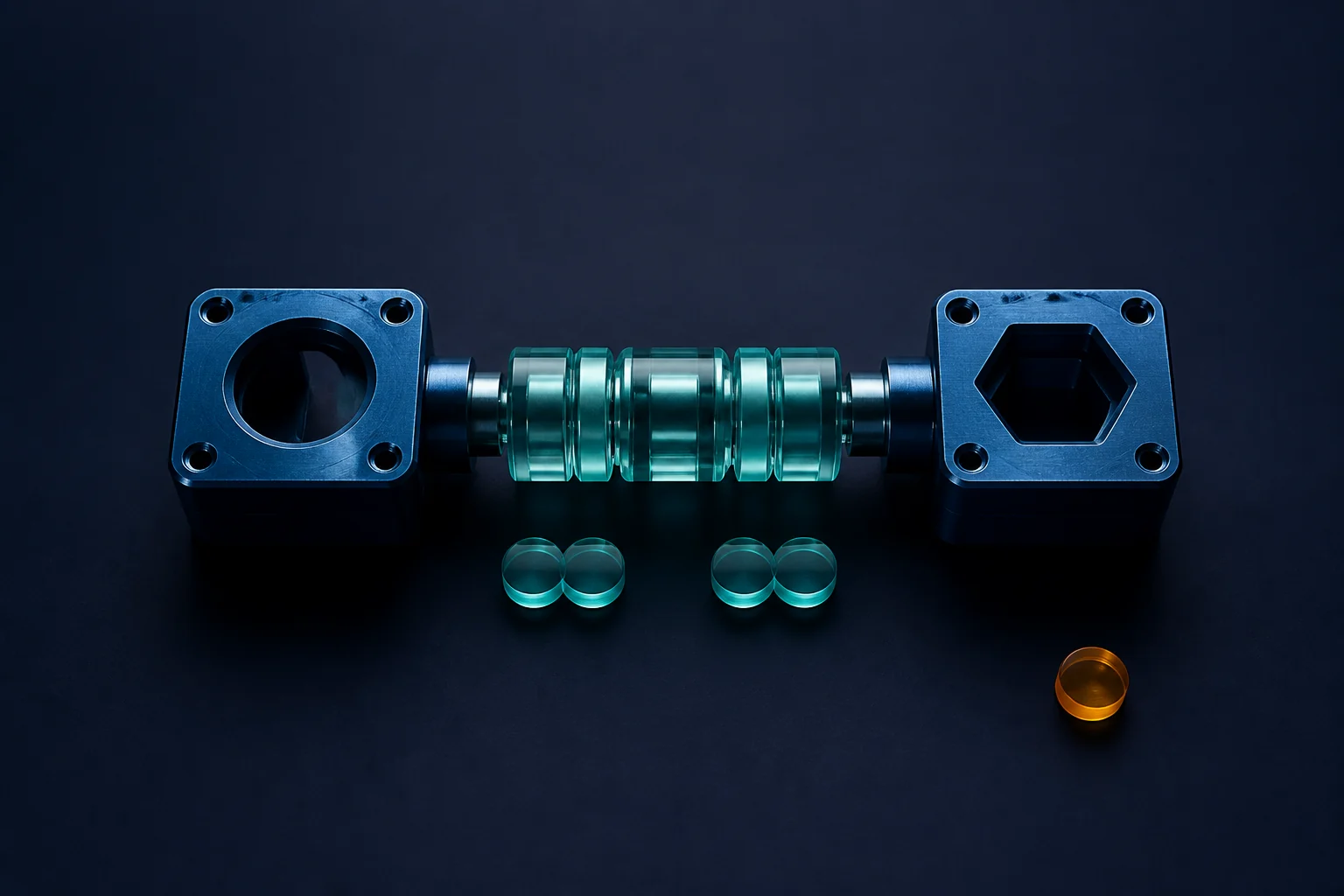 Two blue metal sockets joined by a cyan glass adapter, with paired record tokens and one amber exception token