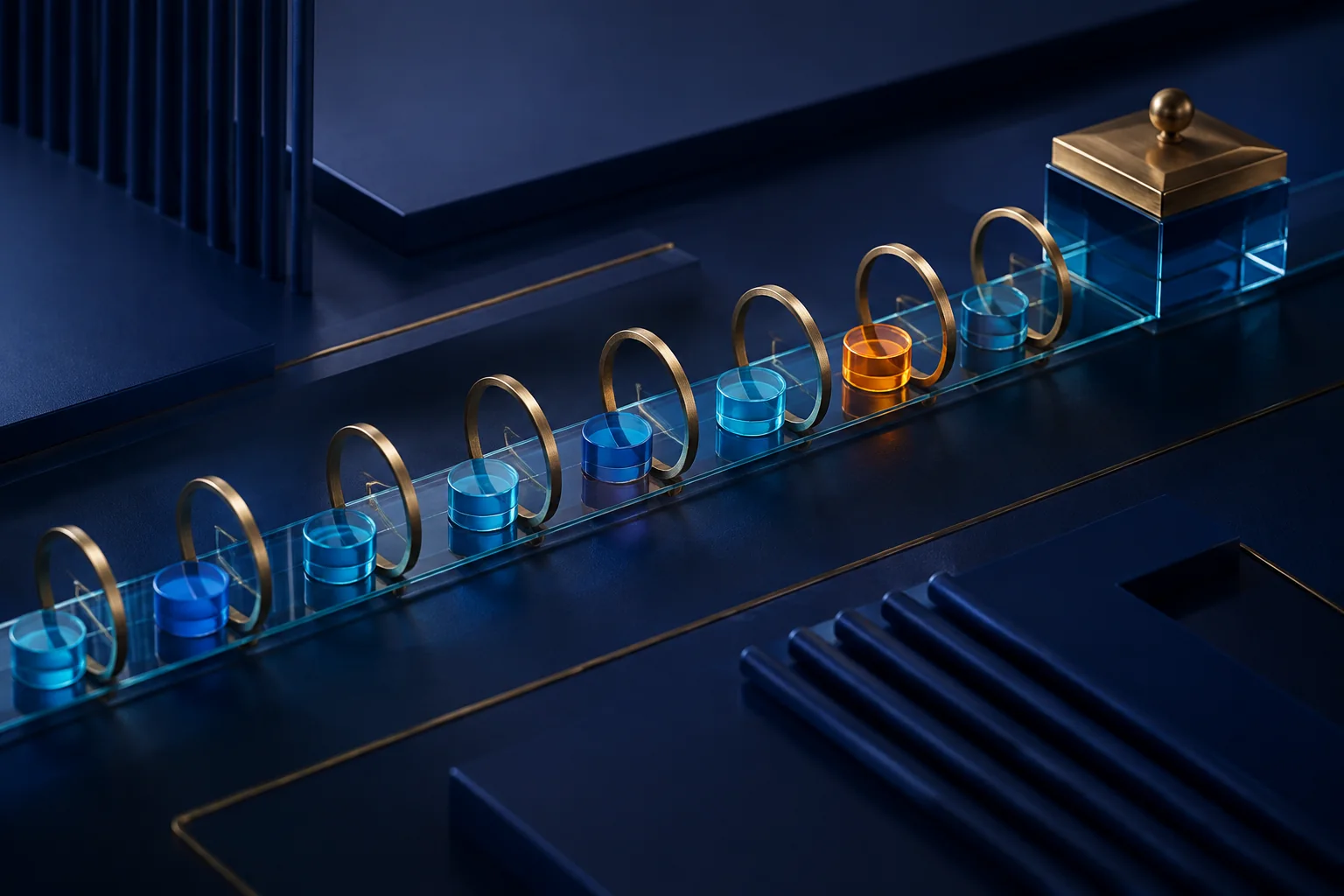Cyan and cobalt event tokens passing through brass rings toward a sealed glass archive with one amber exception marker