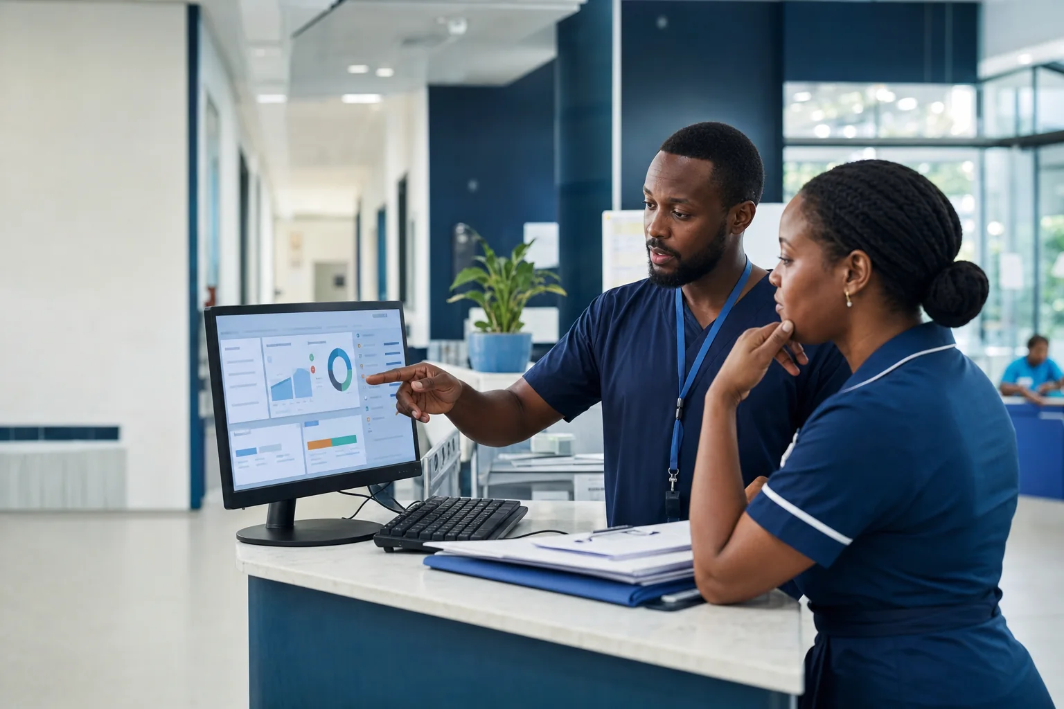 Kenyan hospital operations professionals reviewing a digital workflow dashboard
