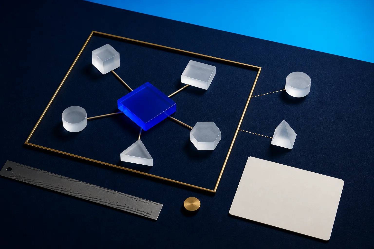 A cobalt acrylic core linked to five clear modules inside a brass scope boundary with two deferred modules outside