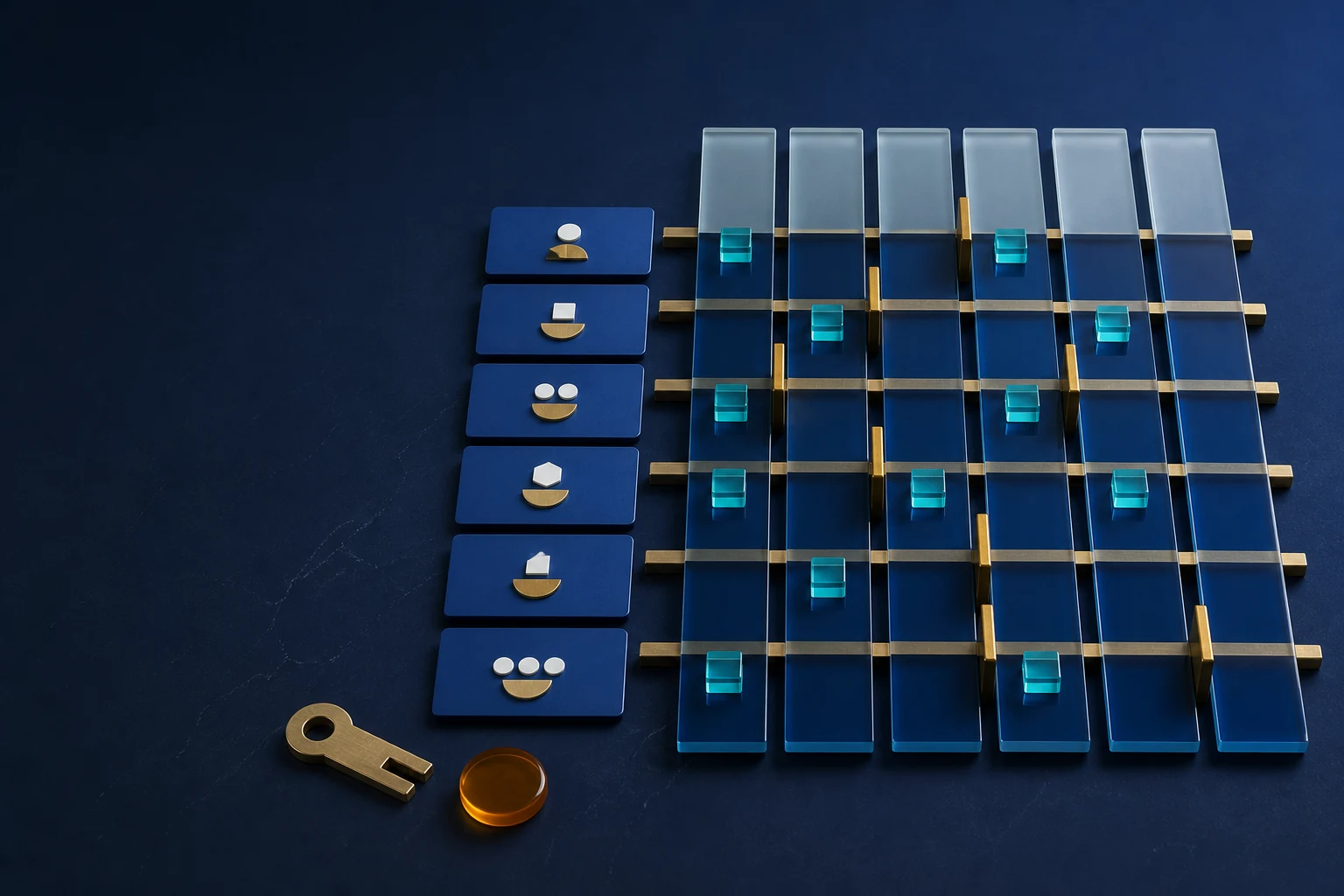 Cobalt role cards beside a glass permission matrix with cyan access tokens, brass gates, a key and an amber review marker