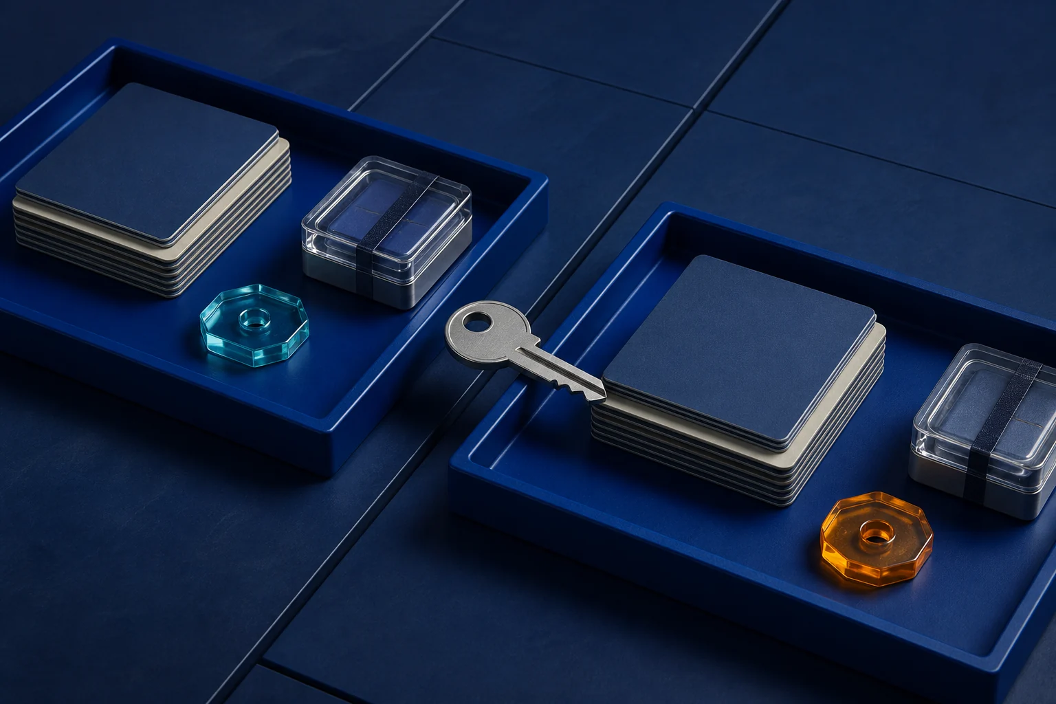 A metal key bridging two cobalt trays with navy card stacks, clear archive cases and cyan and amber tokens