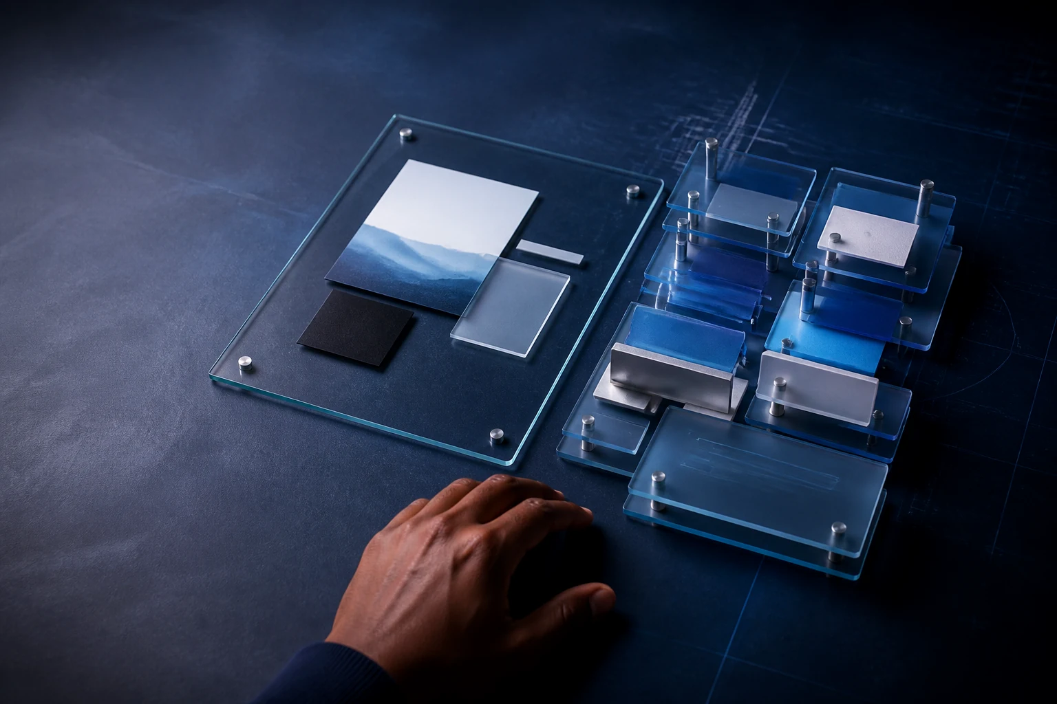 Tactile glass models contrasting a public business website with a layered web application workflow
